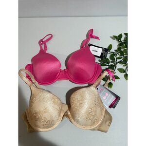 Maidenform Demi Coverage Push-Up Bras Set Of 2 - Beige Lace & Pink Satin-Size36B